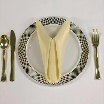 Disposable Gold Lattice Rim Plate with Gold Plasticware