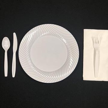 Disposable White plate with White Plastic Ware